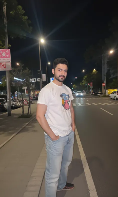 a random amateur photo of a very handsome turkish guy with dark short hair and a goatee beard long he wearing a white tshirt and a light loose jeans he have big muscles and location is turkiye istanbul amateur picture its night 