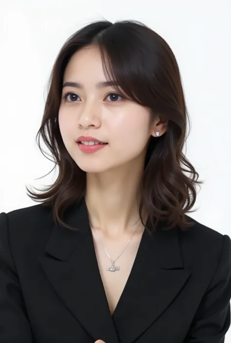 Beautiful Japanese Woman 、、 She is wearing an office lady suit、濃いeyeshadow 、Hairstyle: Medium long、wavy hair 、  smile showing teeth、ear piercing、 Empty Expressions 、 necklace、 white backgr
