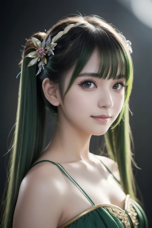  1 girl, Alone,  hair ornament ,  green hair,  Twin Tails,  long hair,  dress, water,, Mid-range portrait photography (Farzan) From Genshin Impact ,,  dark fantasy background , Charming grin.,  ultra-realistic and highly detailed intricate photorealistic a...