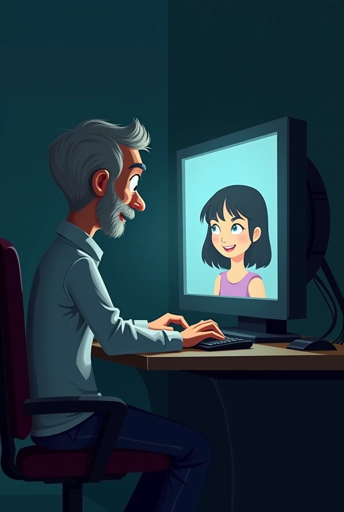 Middle aged man typing in front of computer where the screen is like a mirror or glass that shows the other side. His side is dark. On the other side is a young girl smiling while facing the screen and typing. Her side is light. Make it cartoony. This will...