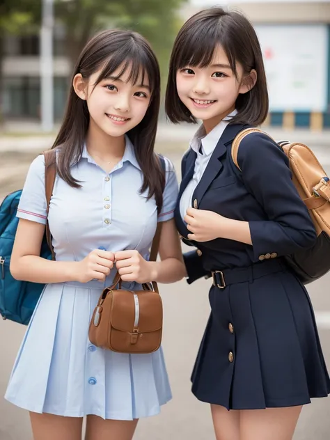 ( HD)、( high quality)、( short hair)、(tight, short-sleeved dress)、(Collared dress)、( dress with buttons on the chest)、( two Japanese girls )、(Big Breasts:1.5)、(smile:1.3)、(Young face:1.4)、( are small:1.4)、(uniform:1.3)、(Breast bag:1.3)、(It is shown that the...