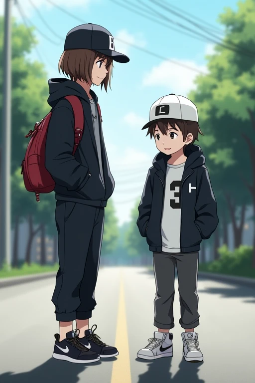 One in the anime with short brown hair, wearing a black cap,usando uma blusa branca e uma saía branca e wearing a Nike sneaker,standing on the road ,with a boy wearing a white cap,a black coat and a black hoodie, wearing a Nike sneaker 