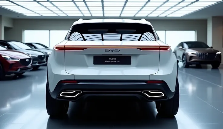 A futuristic electric luxury SUV, the 2025 BYD Yangwang U8, seen from the rear. The car is painted in a sleek, glossy white finish with smooth, curved lines and a modern, minimalist design. It features LED tail lights that extend horizontally across the re...