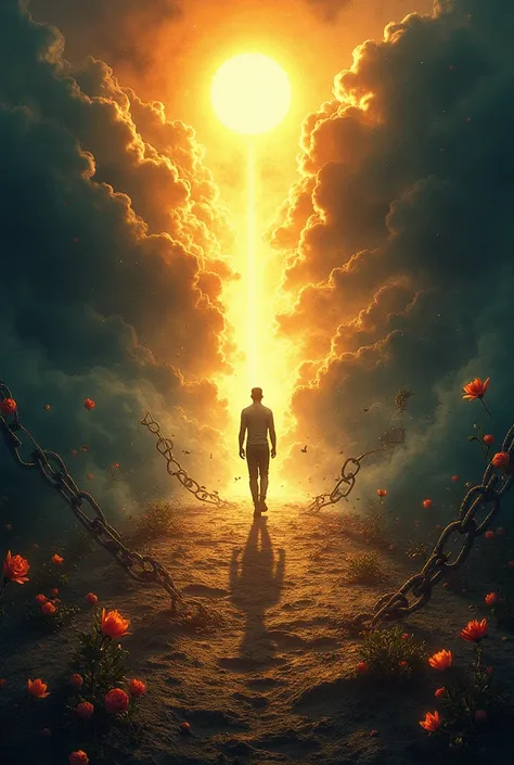 A powerful and emotional design representing the journey from addiction to recovery. The image features a person walking from darkness into light, symbolizing transformation and hope. The background transitions from a chaotic, stormy atmosphere with broken...