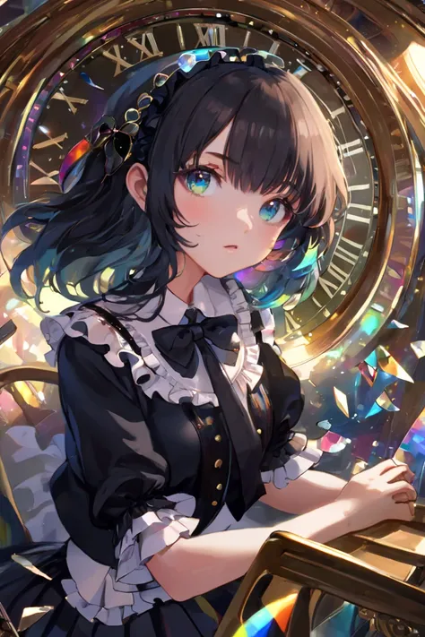 (( illustration )), ((floating hair)), (( Color Difference)), ((caustic)),  lens flare,  dynamic angle,  (( portrait)),  ( in the seat), ((Alone)),  cute face, (( hidden hands)),  asymmetrical bang, ( beautiful detailed eyes),  eyeshadow, ((Huge clock)),  ...