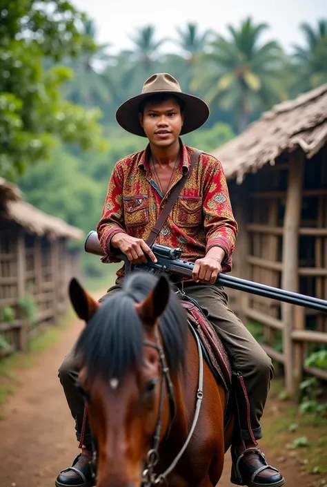 A hunter who wear karen traditional shirt is with gun he is ridding the horse a place in the village bamboo housese.