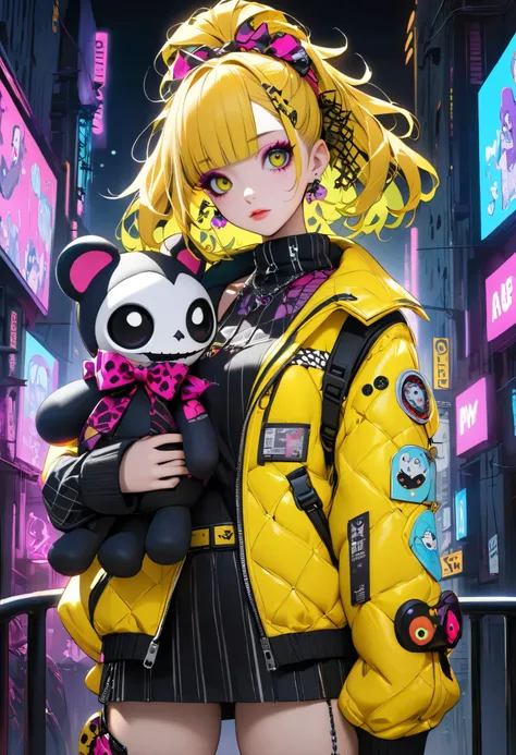 High Definition, masterpiece, Accurate, top quality, High Definition model, high detail, (((The textures are soft))), ((matte and toy-like with a handmade premium look)), (((Tim Burton style))), Dark, Cyberpunk girls, ((holding stuffed toy)), Pop costumes ...