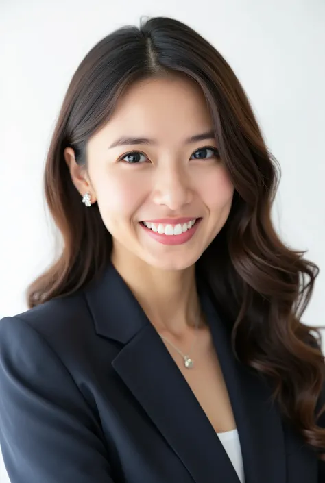 Beautiful Japanese Woman 、、 She is wearing an office lady suit、濃いeyeshadow 、、wavy hair 、 Light Brown Hair 、ear piercing、 smile showing teeth、 necklace、 white backgr
