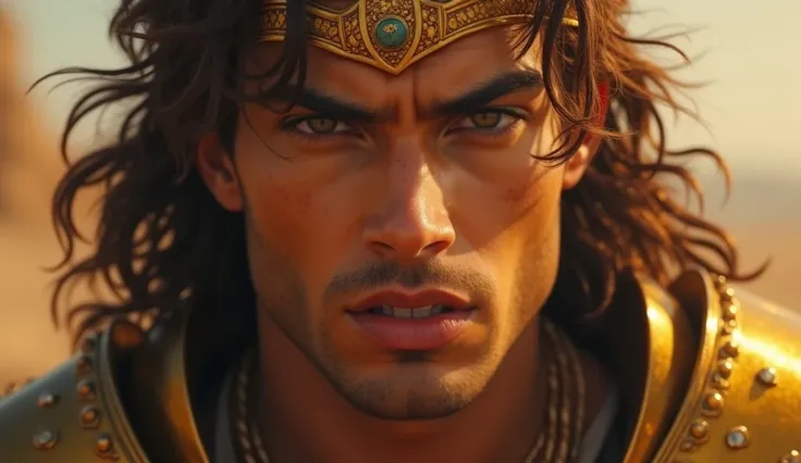 Close-up –  A tall, well-built warrior with a golden complexion, sharp features, and deep, piercing eyes. His golden armor gleams under the sun, and his long, wavy hair flows behind him. He wears regal but slightly worn-out attire, representing his struggl...