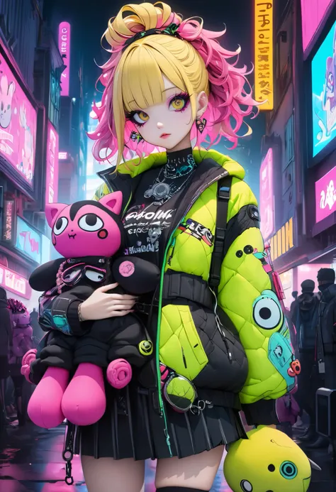 High Definition, masterpiece, Accurate, top quality, High Definition model, high detail, (((The textures are soft))), ((matte and toy-like with a handmade premium look)), (((Tim Burton style))), Dark, Cyberpunk girls, ((holding stuffed toy)), Pop costumes ...