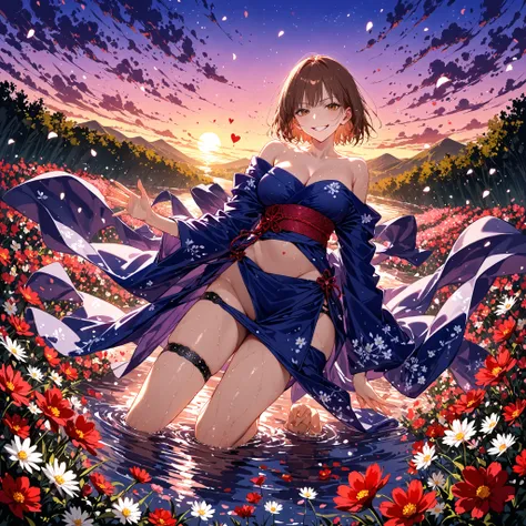 score_9, score_8_up, score_7_up, ultra detailed, 1girl, blue kimono, off shoulder, solo, heart, curvy, solo, sultry look, romantic sunset, surrounded by red flowers in a flower meadow, walling in a river, wet, cherry blossom, moonlight, thigh strap, dynami...