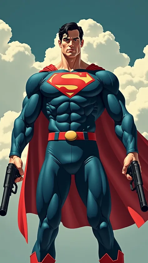 a man in a superman suit standing in front of a cloudy sky with a gun in his hand and a gun in his other hand, Avgust Černigoj, superflat, vfx, a poster