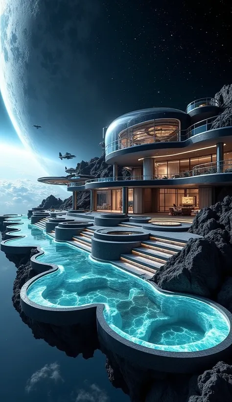 A futuristic black-and-white mansion located on a space station orbiting Earth. The mansion features a mix of black titanium and white glass, with sleek, aerodynamic designs. A glass-domed infinity pool offers views of Earth and the stars, while the mansio...