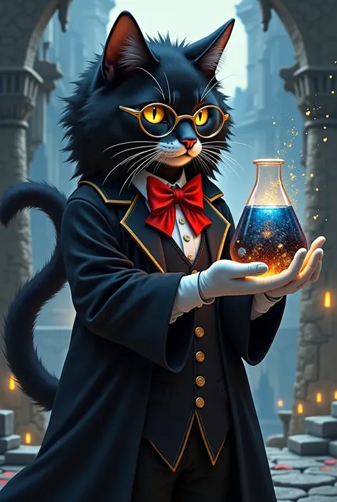 black cat, with gold glasses, golden claws, studies alchemy.  on the background of an ancient castle 