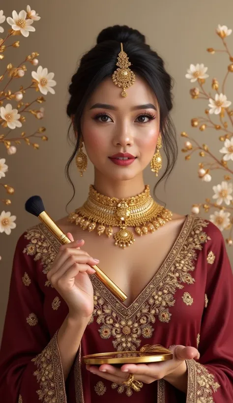 Indian bridal makeup artist elegantly holding a golden makeup brush and palette, surrounded by luxurious elements: intricate henna designs, shimmering gold jewelry (maang tikka, earrings), and maroon silk fabric. Background features soft, regal gold and iv...