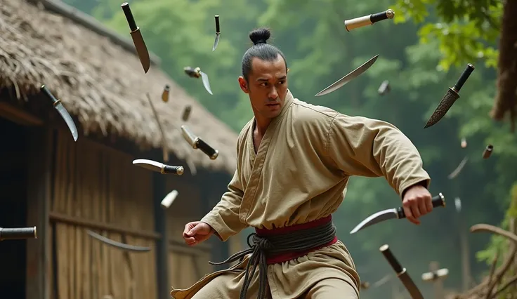 A martial artist in a rural village setting is surrounded by flying knives, swords, and kitchen utensils. The man wears traditional peasant clothing and has a determined expression as he skillfully dodges or deflects the objects. The background features a ...