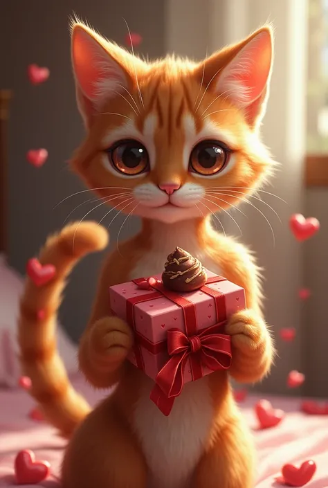 Beautiful cat girl holding Valentine's Day chocolate
