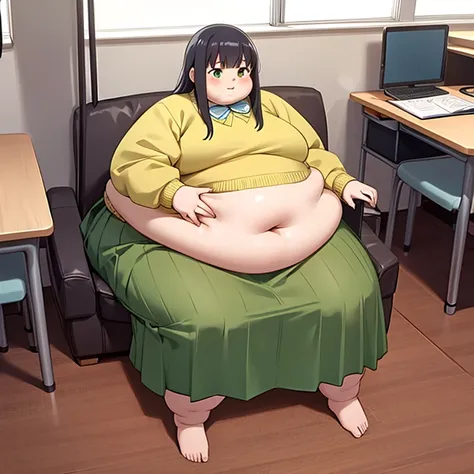 masterpiece,  BEST QUALITY, Advanced Details ,  girl,  is sitting on the floor,  high school students, obesity,  have a sticking out stomach, Big Feet, Wear a uniform,  light yellow sweater ,  green skirt ,  long skirt ,  full body,  long hair, anime, 