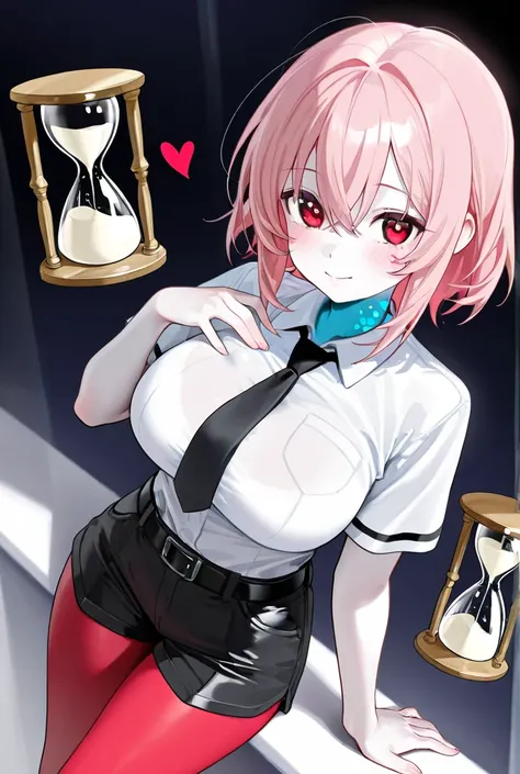 Women with short pink hair, red eyes, white skin, face, heart-shaped, beautiful appearance, hourglass doll, large breasts, large breasts, large breasts, giant milksThe highlight of the image is wearing a white shirt dress, open to the point of the chest, c...