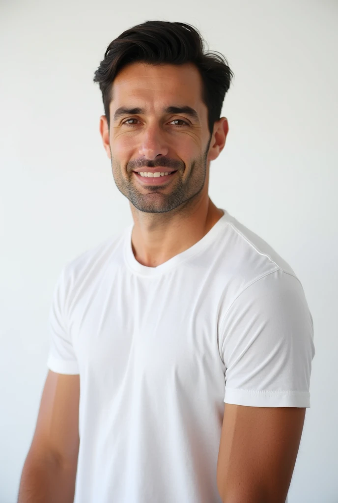 A highly realistic professional portrait of a well-groomed white man with black hair, wearing a fitted round-neck T-shirt. The background is a clean, solid white, creating a fresh and modern look. The subject has neatly styled hair, a confident and relaxed...