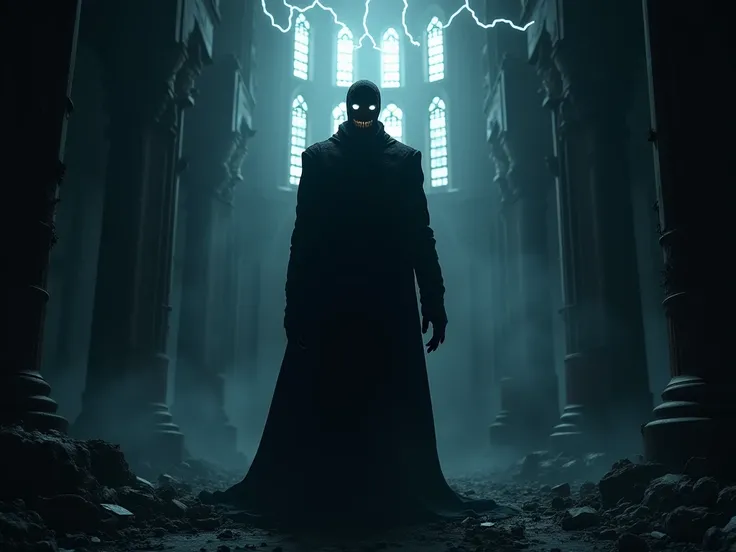 A dark, shadowy figure standing in a ruined cathedral. As lightning flashes, the camera reveals a sinister smile and glowing eyes.)*  
**V.O.:** "To face the ultimate evil."  