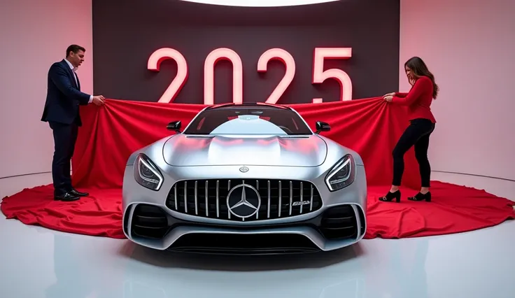 captivating image of a (Mercedes Benz AMG 2) taking a center stage in a luxurious white showroom.
The futuristic, vibrant ( Neon silver)exterior gleams , showcasing it's sleek aerodynamic design and bold accents ,the words ( 2025) a man and woman uneiling ...