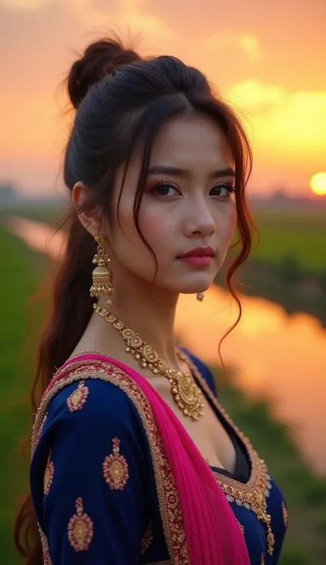 professional real hyperrealistic photo of a 22-year-old young Korean woman with brown hair tied in a loose bun wearing a traditional Punjabi outfit, featuring bright colors such as navy blue, gold, and hot pink with intricate embroidery. She captivates the...