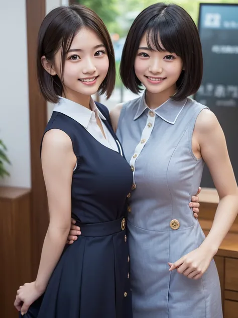 ( HD)、( high quality)、( short hair)、( Tight Sleeveless Dress)、(Collared dress)、( dress with buttons on the chest)、( two Japanese girls )、(Big Breasts:1.5)、(smile:1.3)、(Young face:1.4)、( are small:1.4)、(uniform:1.3)、(Breast bag:1.3)、(It is shown that they a...