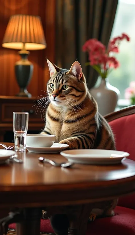 Un chat musclé qui mange à table dans un beau salon 