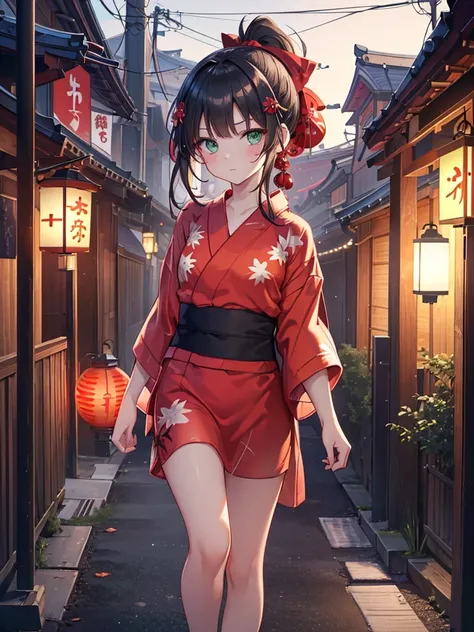 (( dark medium hair)),(( ponytail ))、(( green eyes))、 1 girl、8k、 top quality,  Masterpiece,  high resolution, UHD、Alone, detailed face,super detail、 perfect anatomy 、Full body painting、( Short Red Yukata:1.4)、Straight face、night、Lantern、 Traditional Japane...