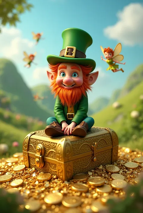 Create me a picture of a leprechaun sitting on a golden , with a lot of gold around and some Duen fairies around them that look between 3D and realistic