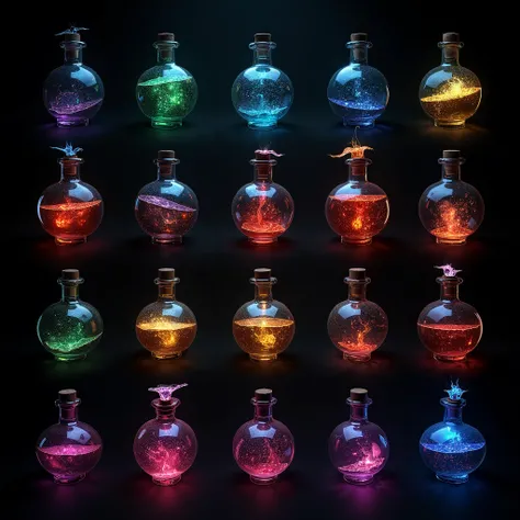 make a squared grid of magic potion bottles [like an excel style in even box/square] with black background each