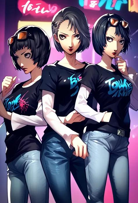 3 girls, sunglasses on head, lipstick, black t-shirt, clothes writing, layered sleeves, large breasts, jeans, sneakers, BREAK, Ichiko Ohya, black eyes, black hair, bob cut, BREAK, Sae Niijima, red eyes, grey hair, long hair, BREAK, Tae Takemi, grey eyes, b...