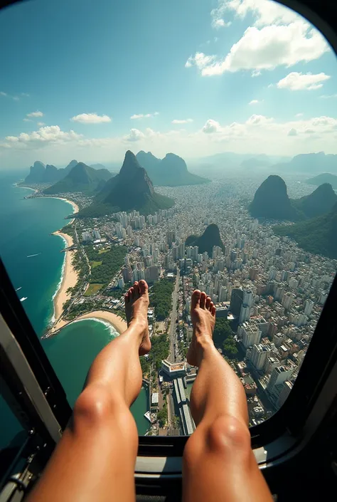 Pov legs out of a moving helicopter flying over the city of Rio de Janeiro 