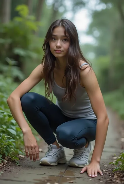 Girl in leggings crouching, high quality, (RAW photo, best quality), (realistic, photorealistic: 1.4), (extremely delicate and beautiful: 1.4), amazing, fine details, masterpiece, ultra detailed, high resolution, best illustration, best shadow, intricate, ...