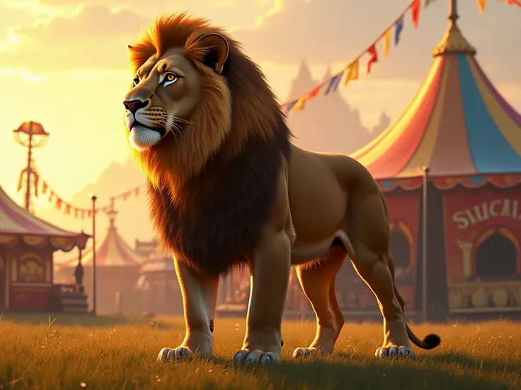 "A lion standing near the edge of the fairground as the first rays of sunlight illuminate the vibrant tents."