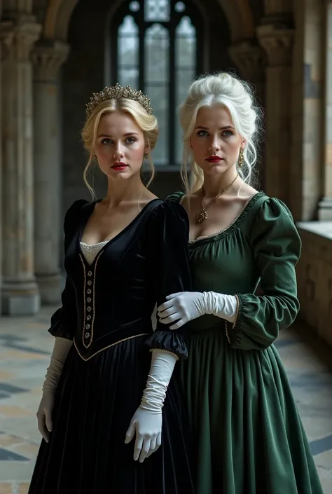  Two stately women get together stand out inside a dark and majestic castle ,  with stone walls and Gothic windows that allow moonlight to enter and dance on the stone floor.  on the left side ,  a stunningly beautiful blonde attracts attention .  Her blon...