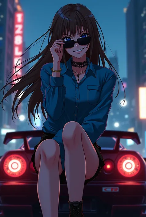  girl anime character herself,  long brown hair wearing sunglasses, evil smiley facial expression , wear a blue shirt and use jewelry, poses sitting on top of GTR car , night atmosphere city background