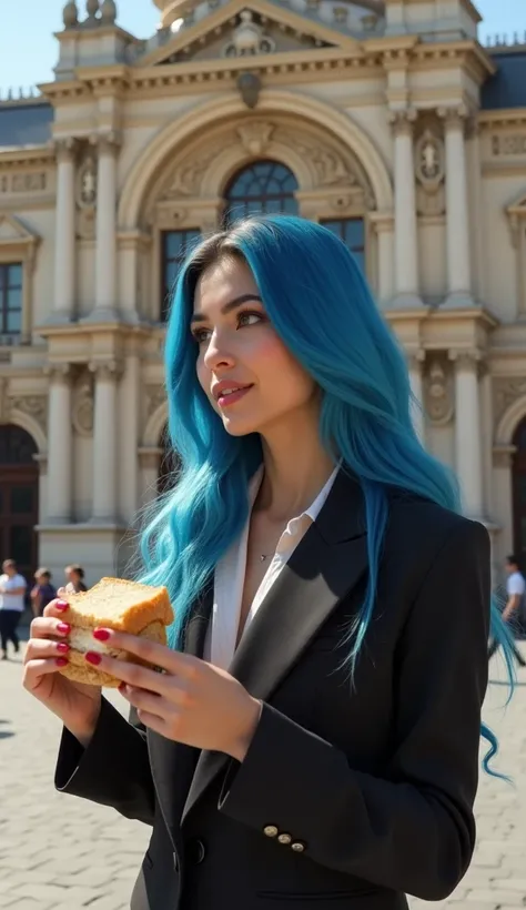 "A young woman with stunning long blue hair enjoys her sandwich in front of the Opéra Garnier. Her elegant tailored suit reflects modern sophistication against the historic backdrop."