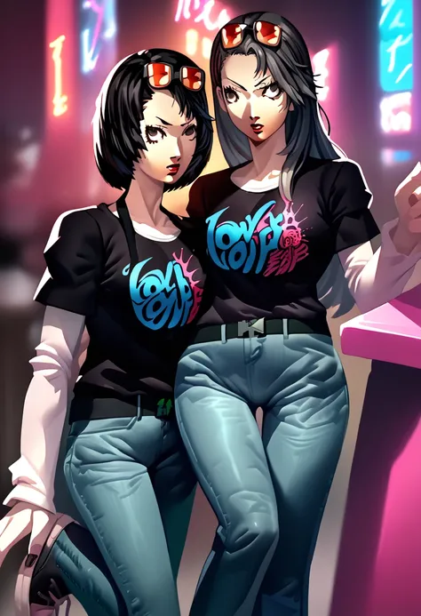 2 girls, sunglasses on head, lipstick, black t-shirt, clothes writing, layered sleeves, large breasts, jeans, sneakers, BREAK, Ichiko Ohya, black eyes, black hair, bob cut, BREAK, Sae Niijima, red eyes, grey hair, long hair,