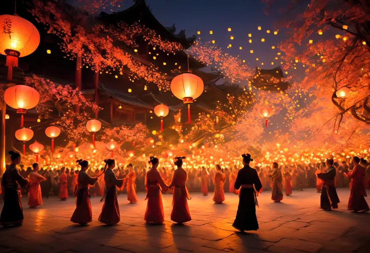 ((best quality)), ((masterpiece)), A mesmerizing lantern dance enchants the world, glowing lights swirling in the night, romantic and dreamlike, traditional Chinese festival, elegant motion, soft warm hues, cinematic lighting