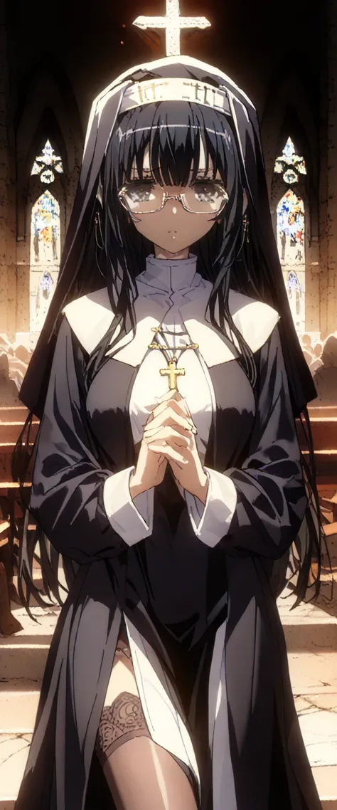   Long hair,(nuns),( Monastic uniform ),(Sister),church, makeup,   Hot girl, Narrow glasses ,  thin glasses without a frame, painted eyelashes,  sharp lashes , prostitute,  stockings, 