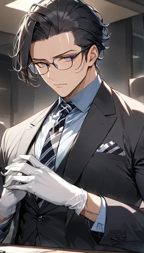 (masterpiece, best quality:1.2), 1guy, solo, Square-rimmed glasses, business black　suit, all back black hair, Striped tie, Forensic white Gloves, 