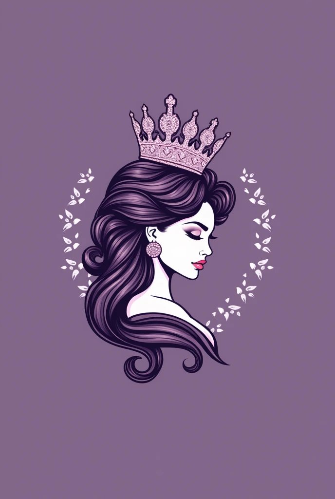 Create a business card with a logo of names of   “Queen’s Glam”, logo should have lady with a crown on head and behind the business card put contacts and what we do and should be in a purple color. it a make up and hair treatment company 