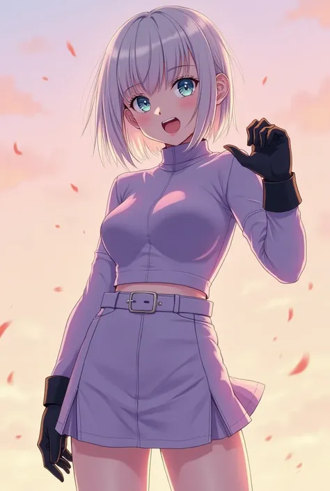 Create an image of a girl with straight and short hair in the color of the sun with very light light blue eyes in a lilac outfit and with a black glove with a short skirt that is not too short and not too long looking courageous and angry with a very long ...