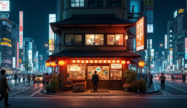 HDR, urban Tokyo at night, city lights, right side and left side of a Japanese ramen shop.