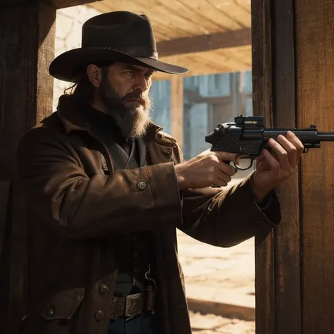 Oil painting with rough, textured brushstrokes and dramatic chiaroscuro lighting. A grim-faced cowboy in weathered brown coat, hat, and long brown beard stands outside a shadowy wooden tavern. He stares intensely at the viewer, aiming a revolver DIRECTLY A...