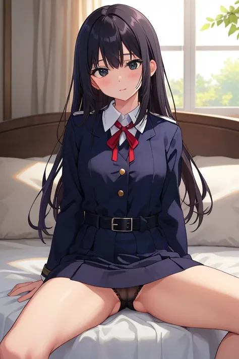 lycoris recoil,{takina inoue},long hair, black hair, breasts, small breasts,(green neck ribbon1.4), black eyes,droopy eyes,collared shirt, (lycoris uniform1.5), two-tone dress, navy dress, grey dress, long sleeves, belt {{{masterpiece}}}, {{{best quality}}...