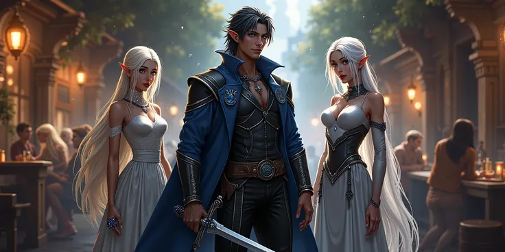  In the center, the guy on the left 2 elves from the right alone in the background of the tavern detailed hair blue eyes black skin fair build sporty dark blue raincoat with shoulder pads black pants with light armor boots with metal inserts sword straight...