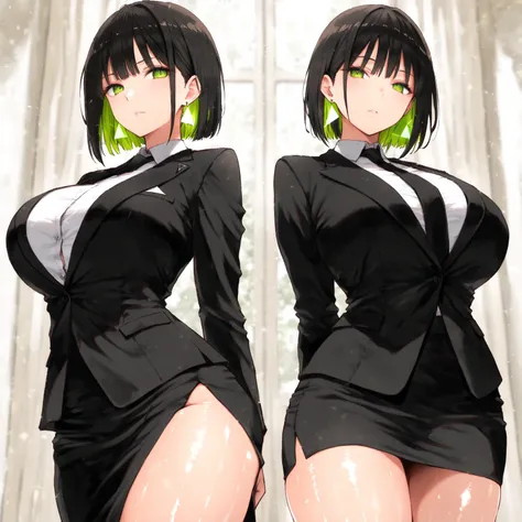 masterpiece, (((( best quality )))),character profilele,shiny skin, wearing a black suit,skirt suit, black tie , dark hair, short bob hair,The inner color of the hair is green, green eyes,isosceles triangle earrings,big breasts